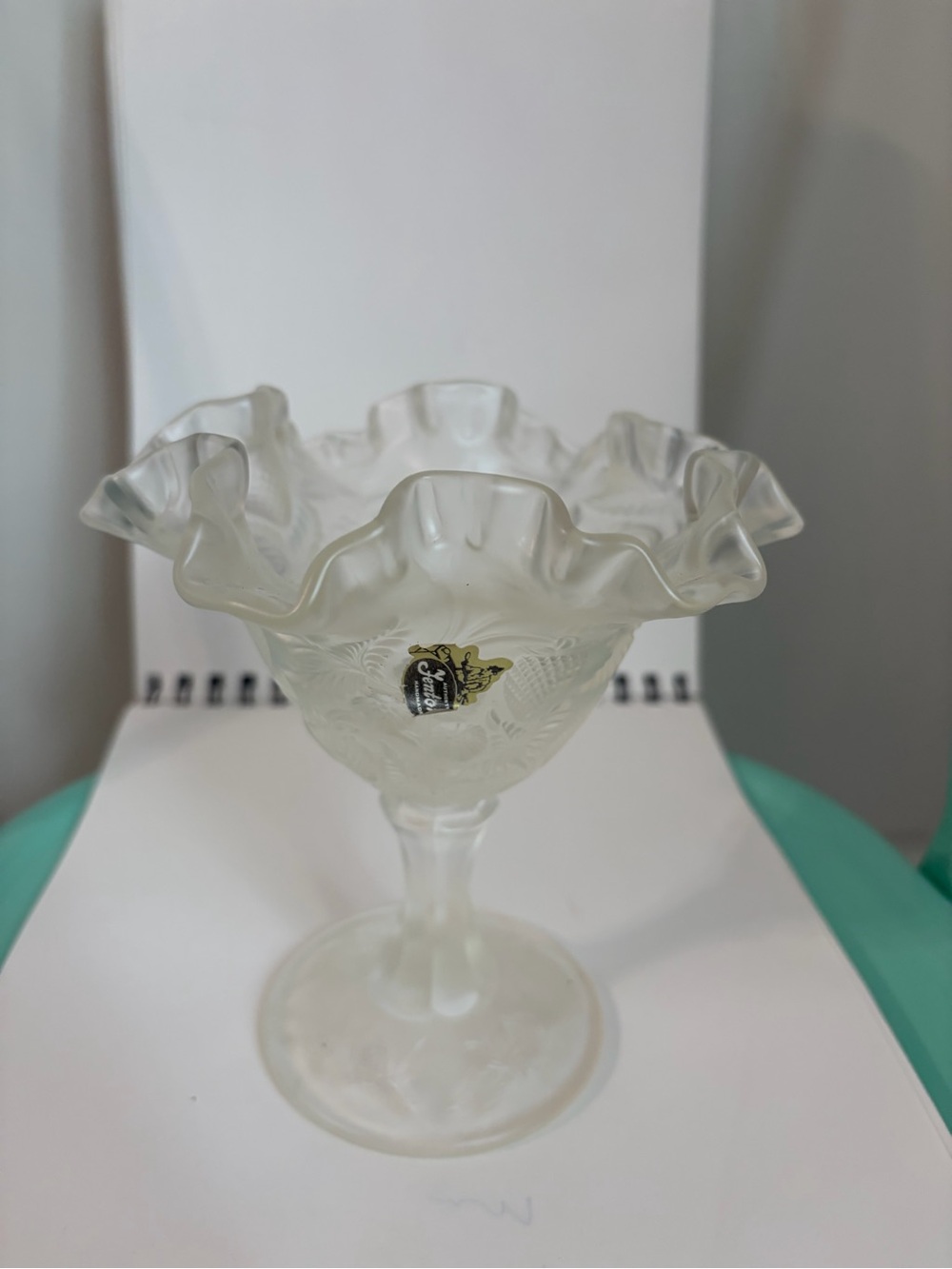 Vintage Fenton Inverted Strawberry Ruffled Compote Satin Glass With Sticker